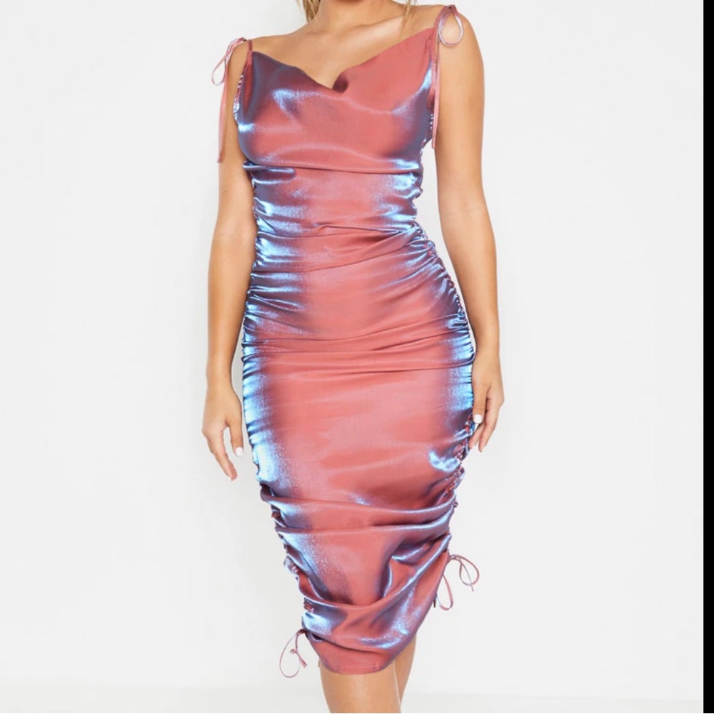 Pink Metallic Shimmer Cowl Neck Tie Strap Midi Dress